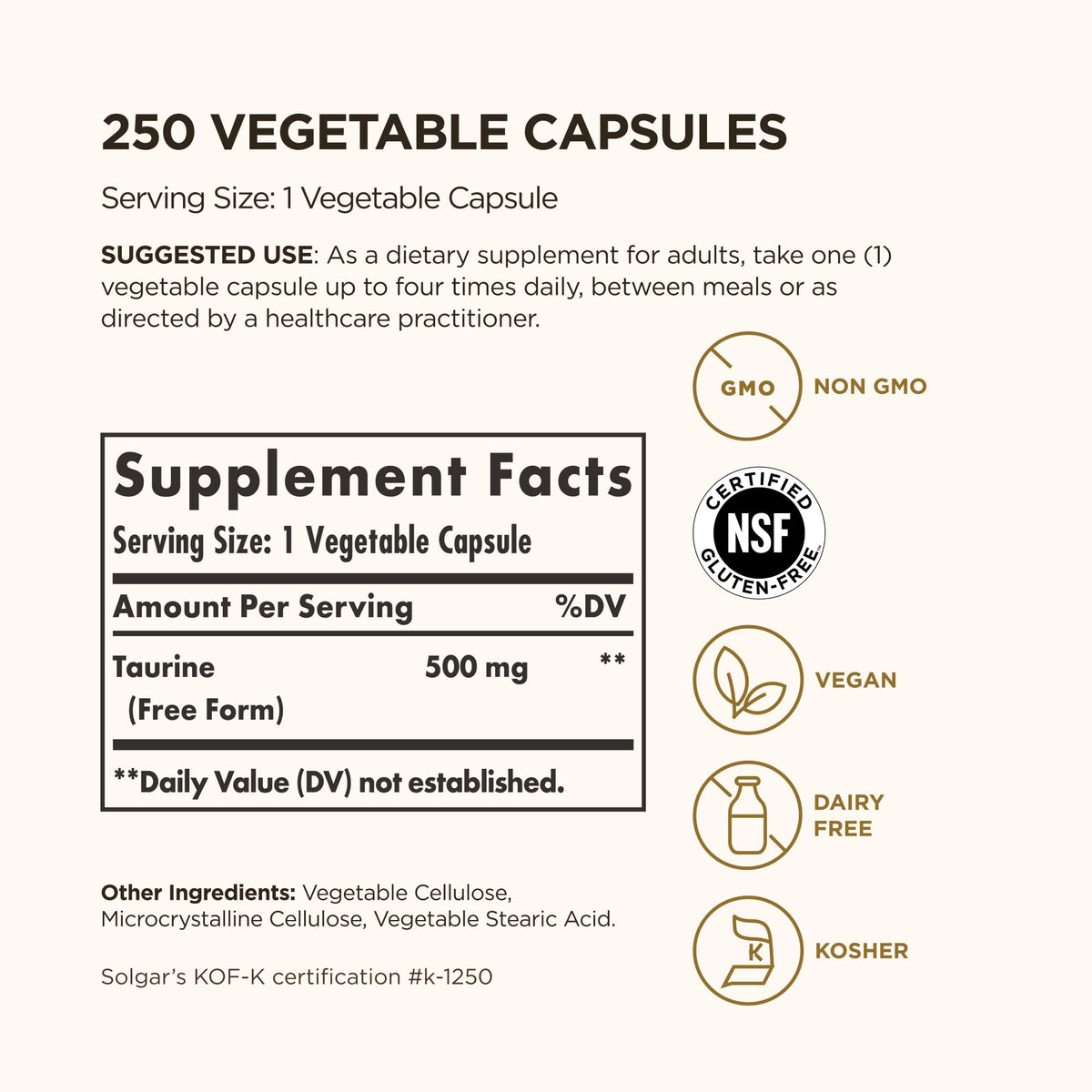 Solgar Taurine 500 mg - 250 Vegetable Capsules - image 2