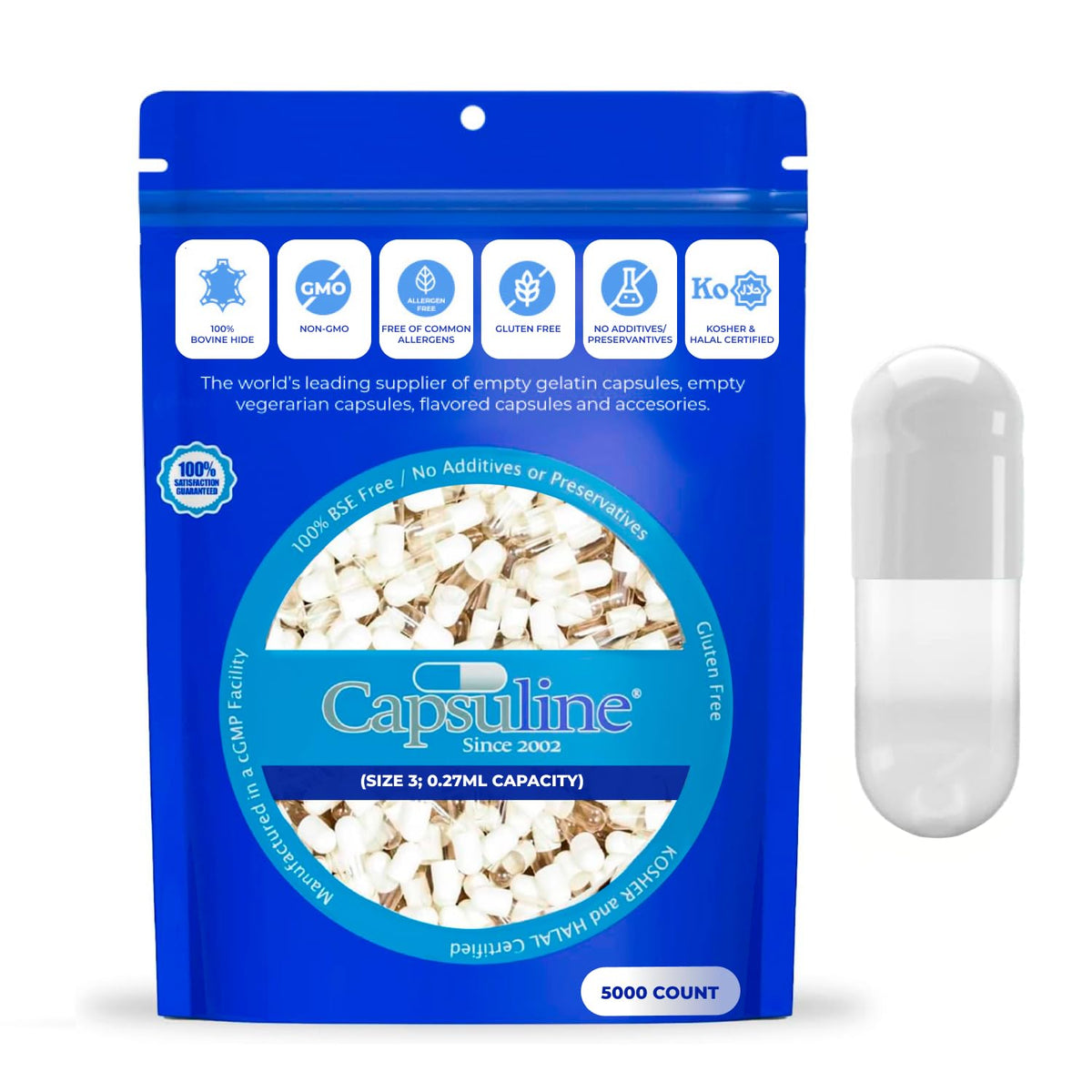 Capsuline Colored Size 3 Empty Gelatin Capsules White/Clear