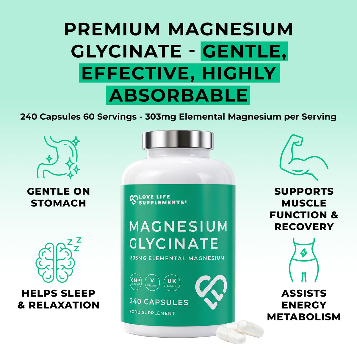 Love Life Supplements Magnesium Glycinate 303mg - 240 Capsules - image 3