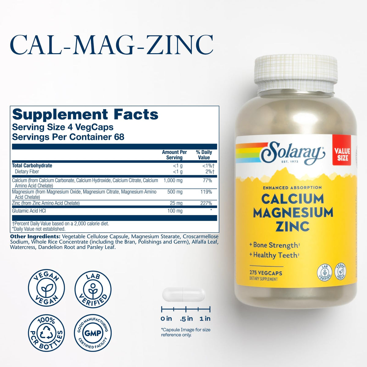 SOLARAY Calcium Magnesium Zinc - 275 Vegetarian Capsules - image 2