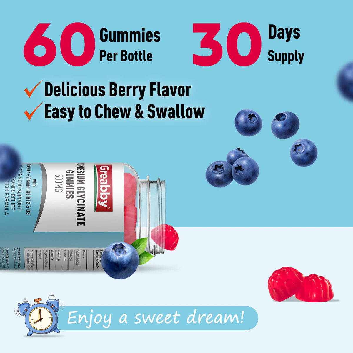 GREABBY Magnesium Glycinate Gummies 500mg with Melatonin