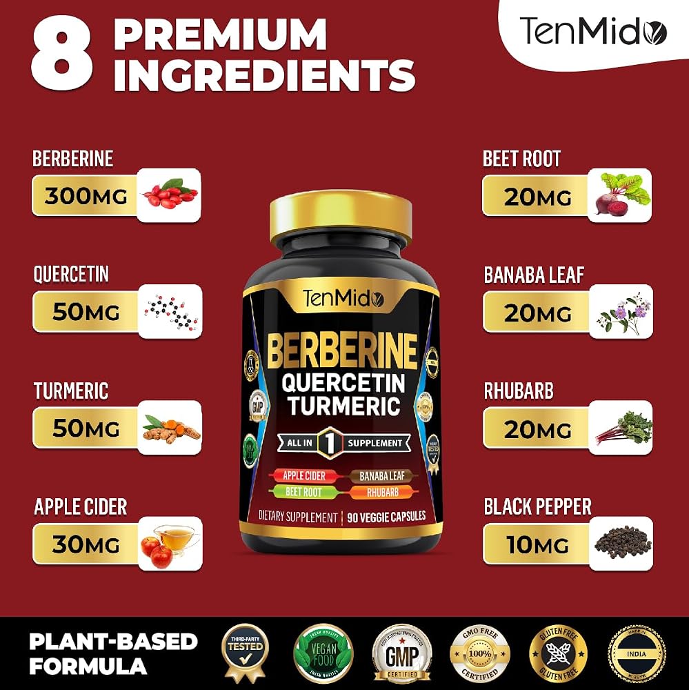 Tenmido Berberine Supplement 8-in-1 Formula - 90 Capsules - image 3
