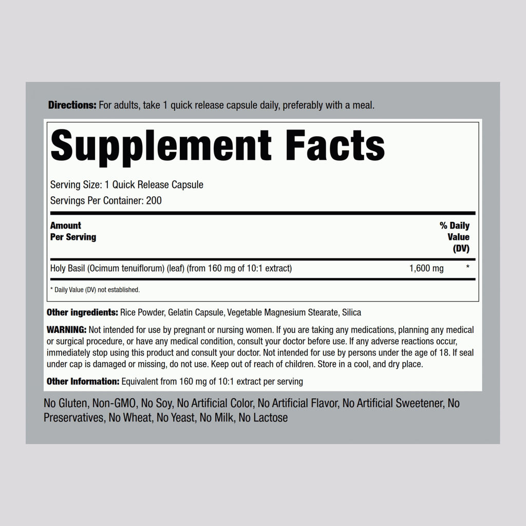 Piping Rock Holy Basil Supplement - 200 Capsules - image 2