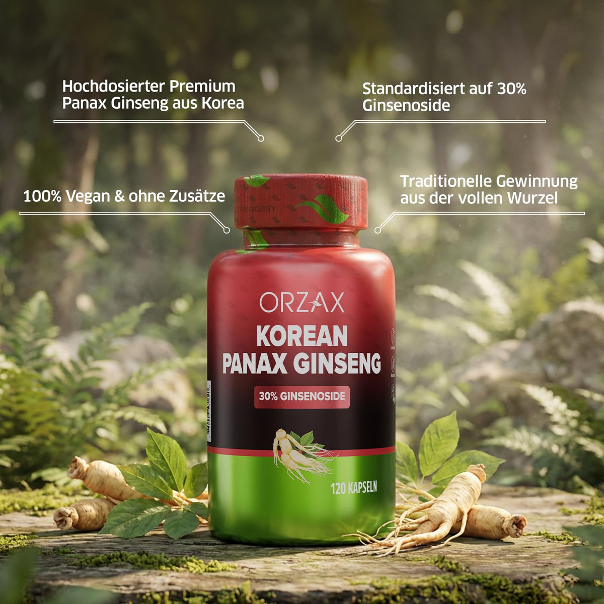 ORZAX Korean Panax Ginseng 30% Ginsenosides - 120 Vegetarian Capsules - image 2