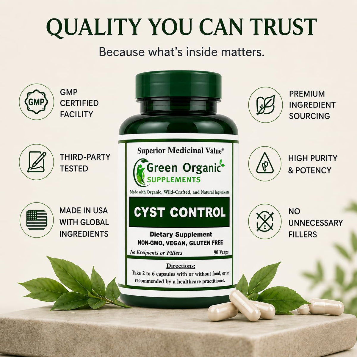 Green Organic Supplements Cyst, Breast Cyst, 90 Vegetarian Capsules, High