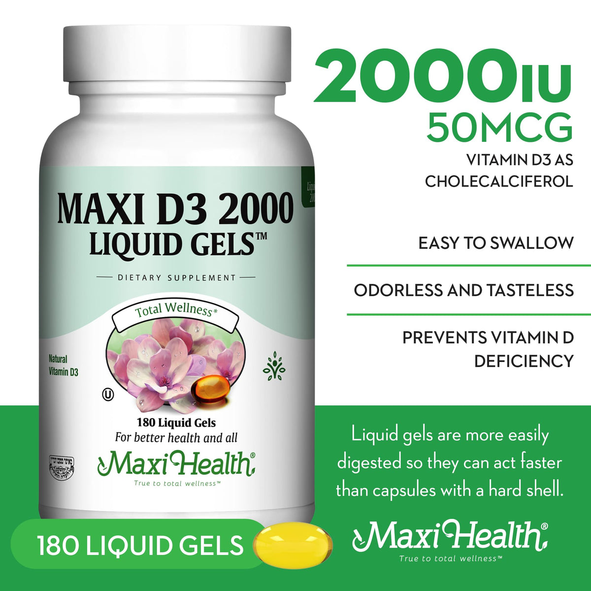 Maxi Health Vitamin D3 2000 IU - 180 Tablets - image 3