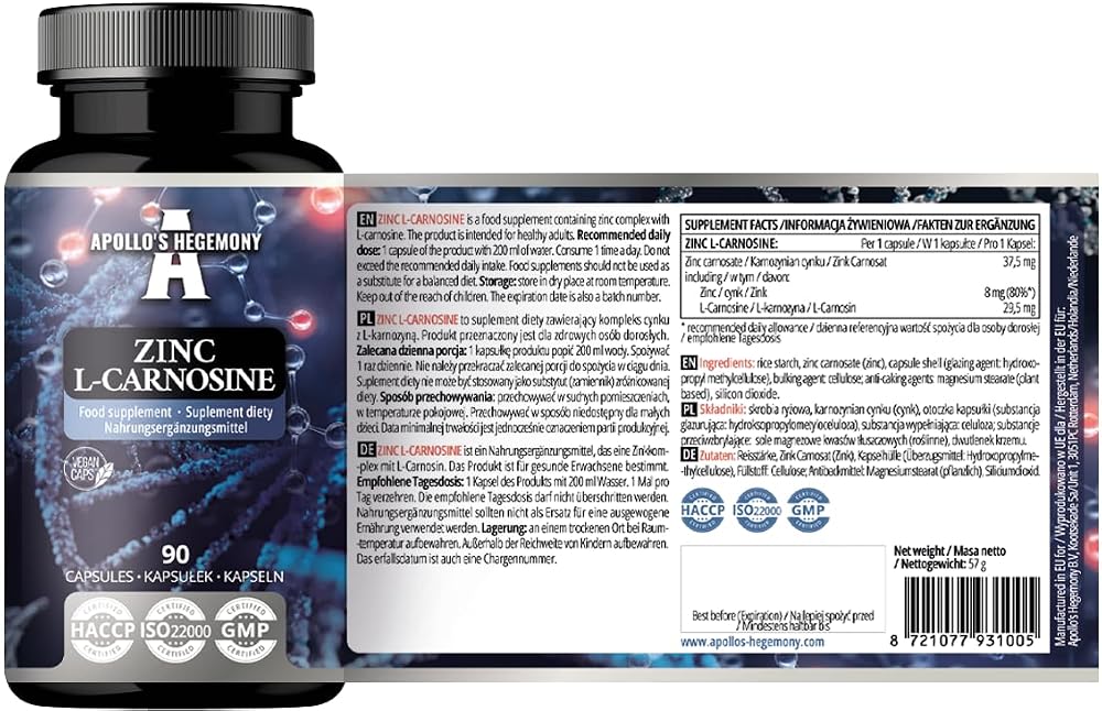 APOLLO'S HEGEMONY Zinc L-Carnosine 37.5 mg - 90 Vegan Capsules - image 2
