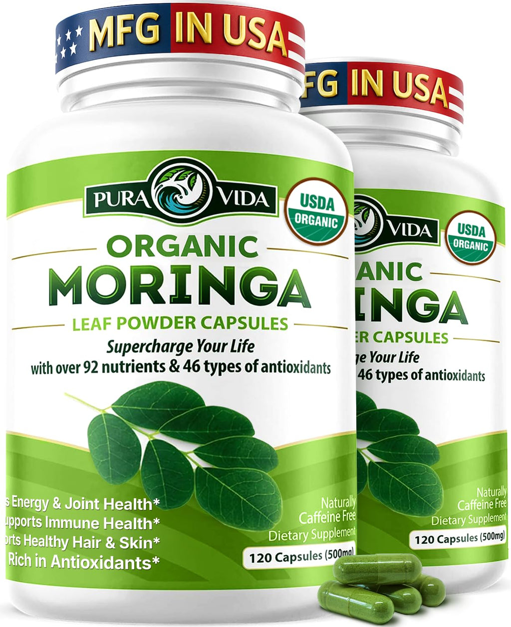 Pura Vida Moringa Organic Moringa Capsules Energy Support - 240 Count