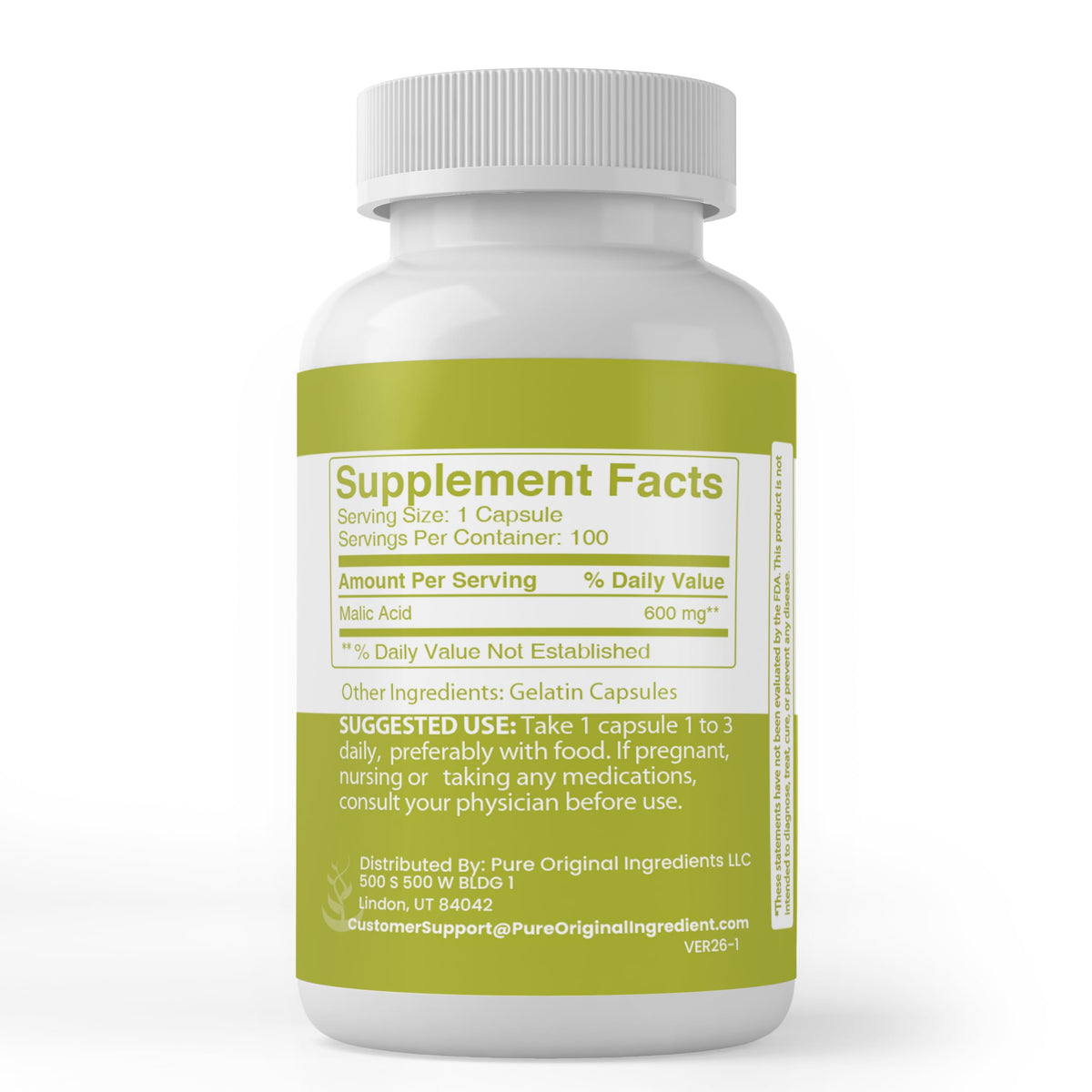 PURE ORIGINAL INGREDIENTS Malic Acid - 100 Capsules - image 2