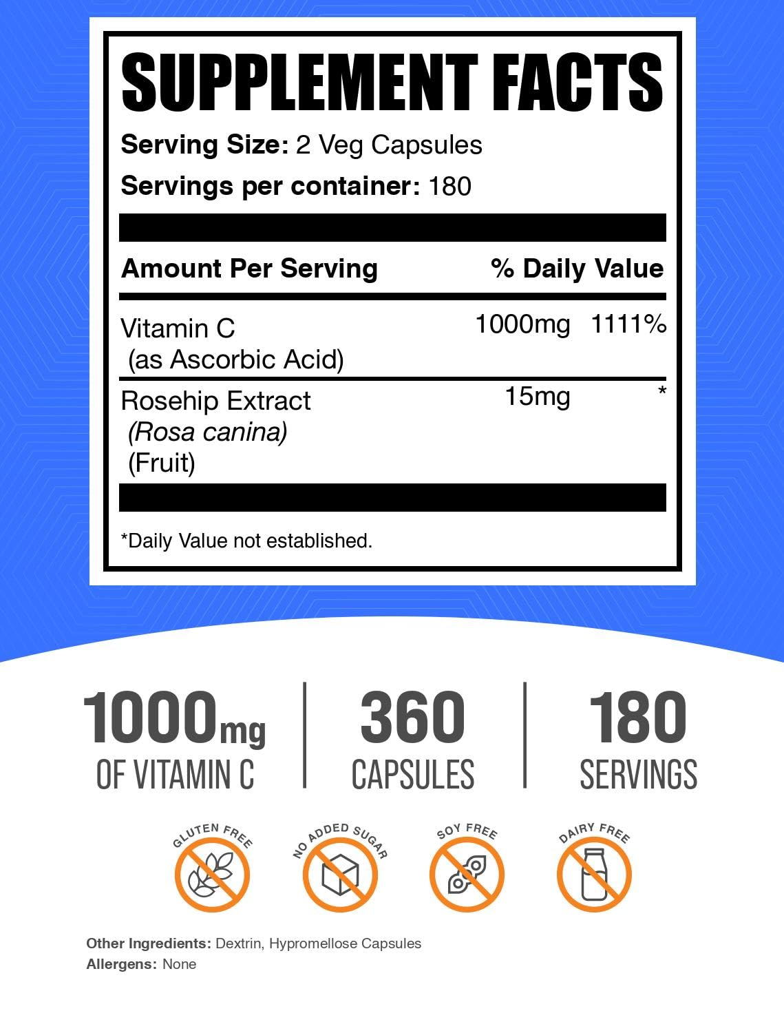 BulkSupplements Vitamin C with Rose Hips Capsules - 360 Count - image 2