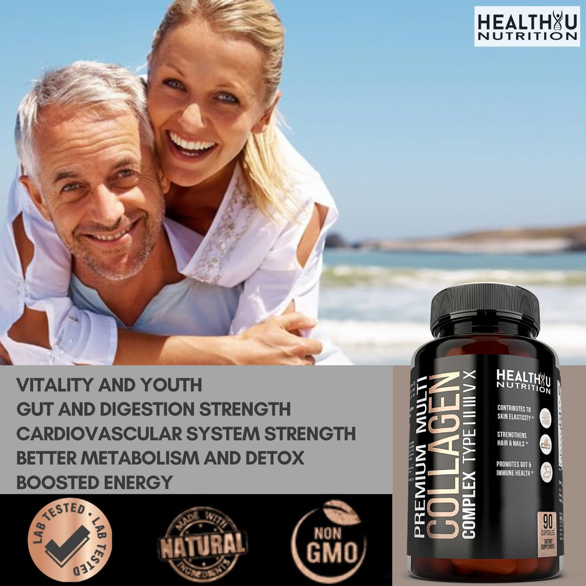 HEALTHYU NUTRITION Multi Collagen Peptides Types I II III V X - 90 Capsules - image 4