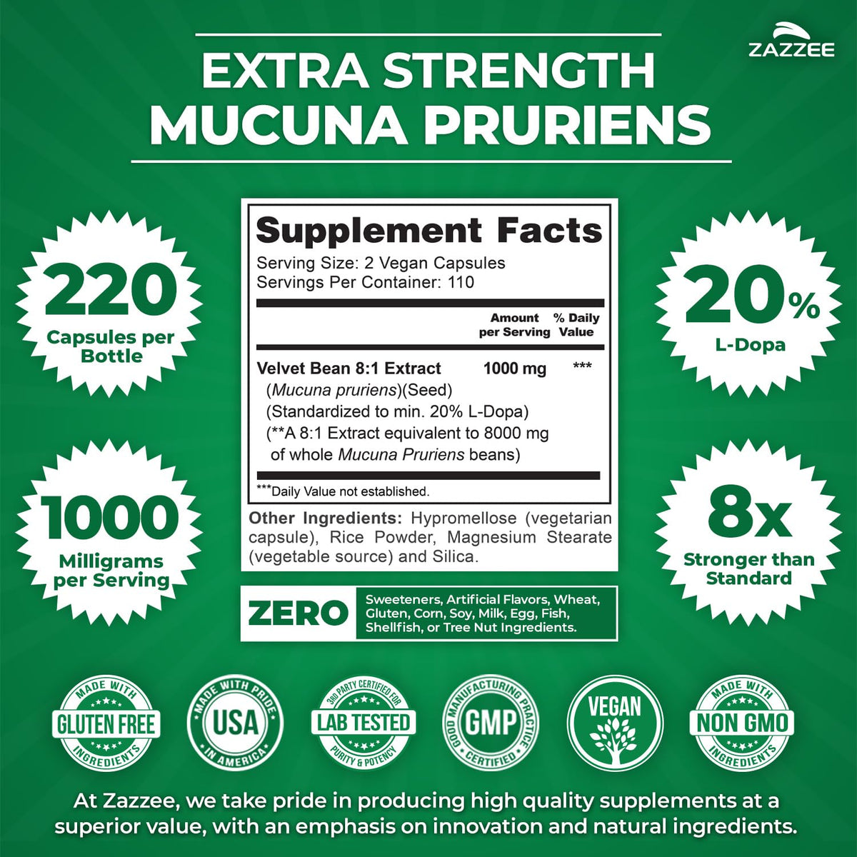 Zazzee Extra Strength Mucuna Pruriens 8:1 Extract - 220 Capsules - image 2