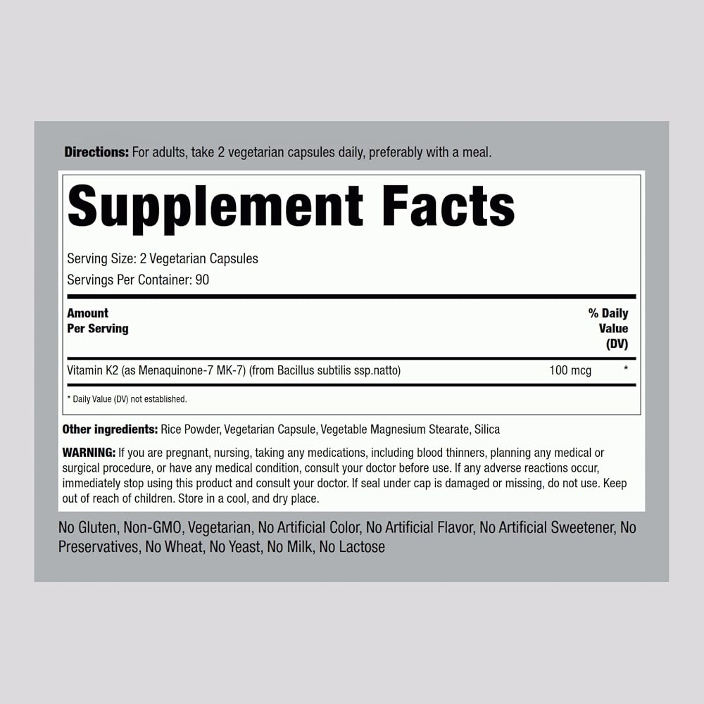 Piping Rock K2 MK7 Vitamin Supplement 100 mcg - 180 Vegetarian Capsules - image 2