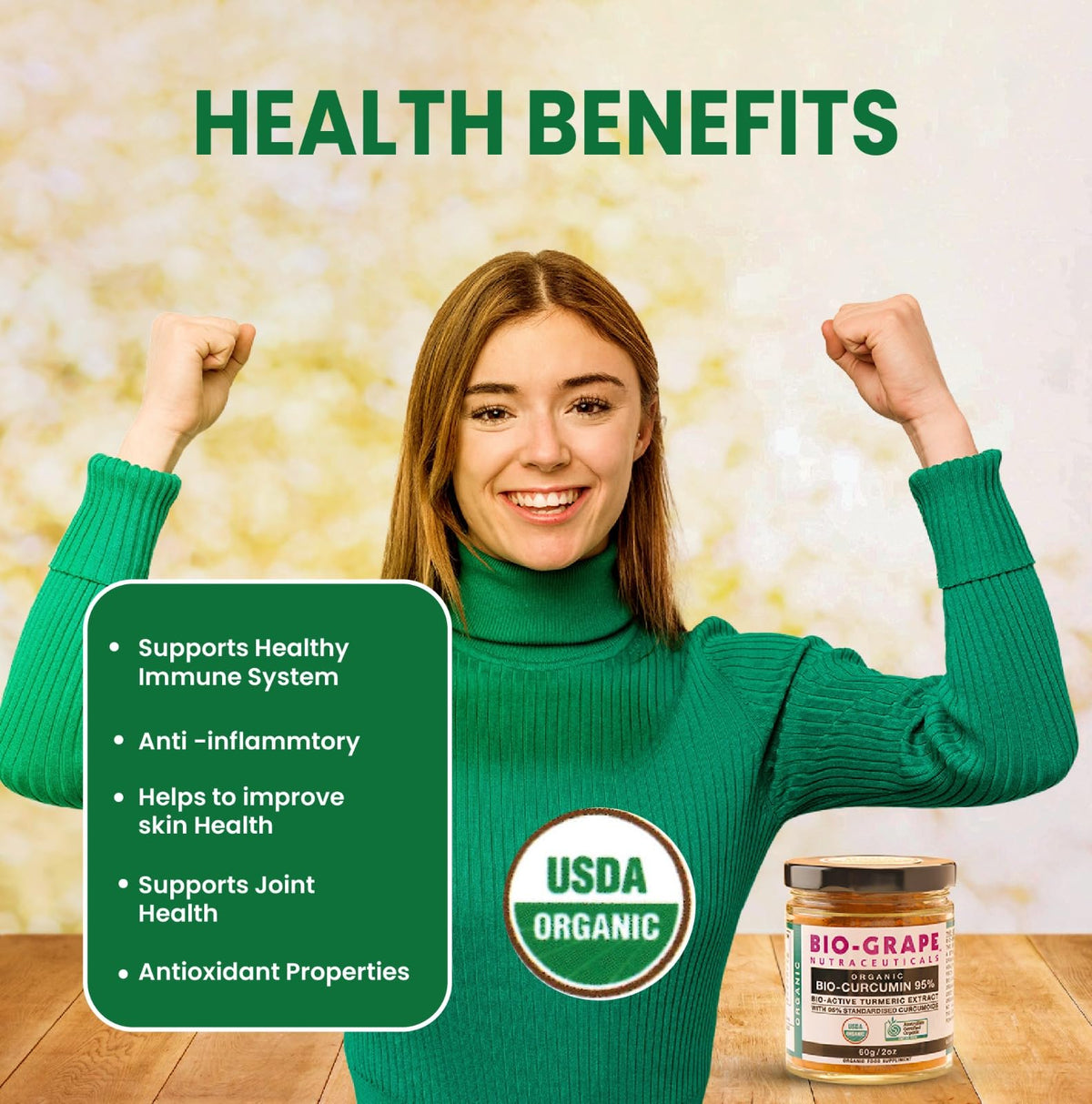 BIO-GRAPE Turmeric Curcumin Extract 95% Organic Powder - 60g - image 4