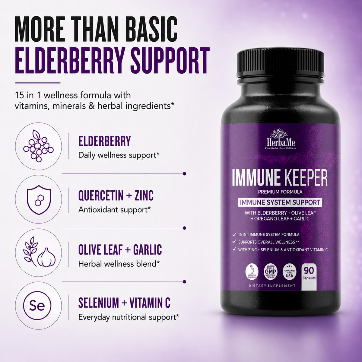 HerbaMe Immune Support Supplement with Elderberry & Zinc - 90 Capsules - image 3