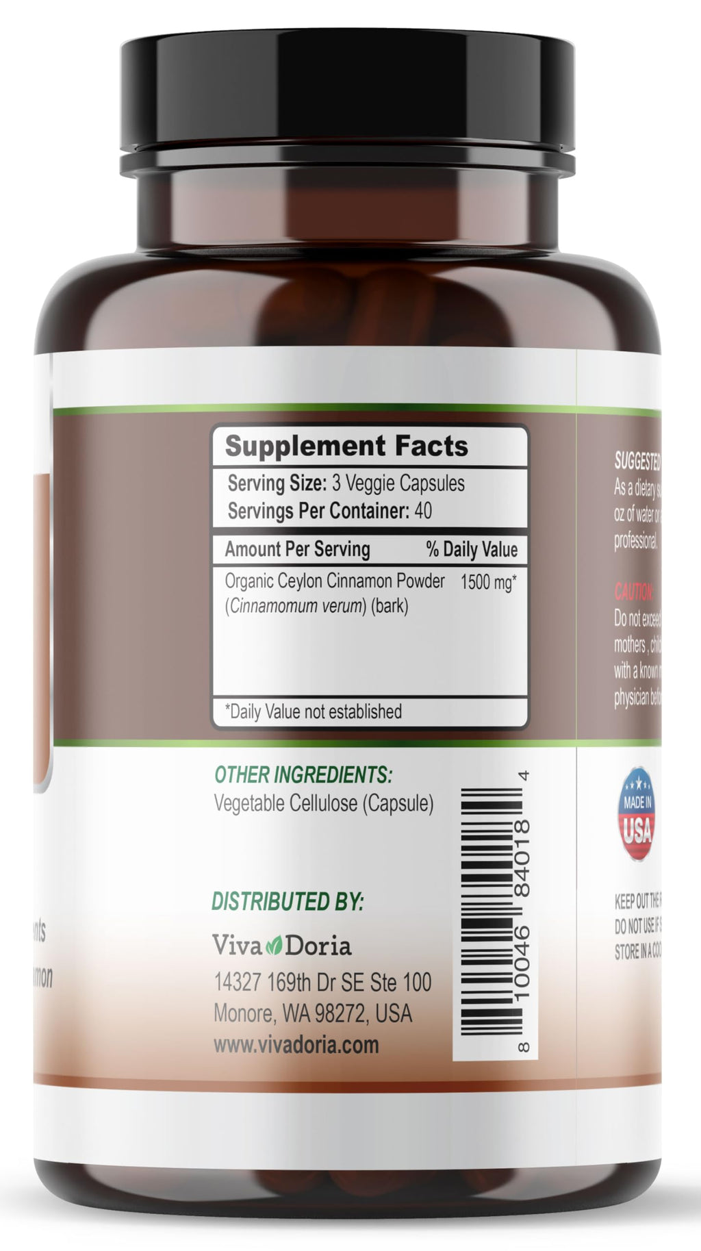 Viva Doria Ceylon Cinnamon Supplement - 120 Vegetarian Capsules - image 2