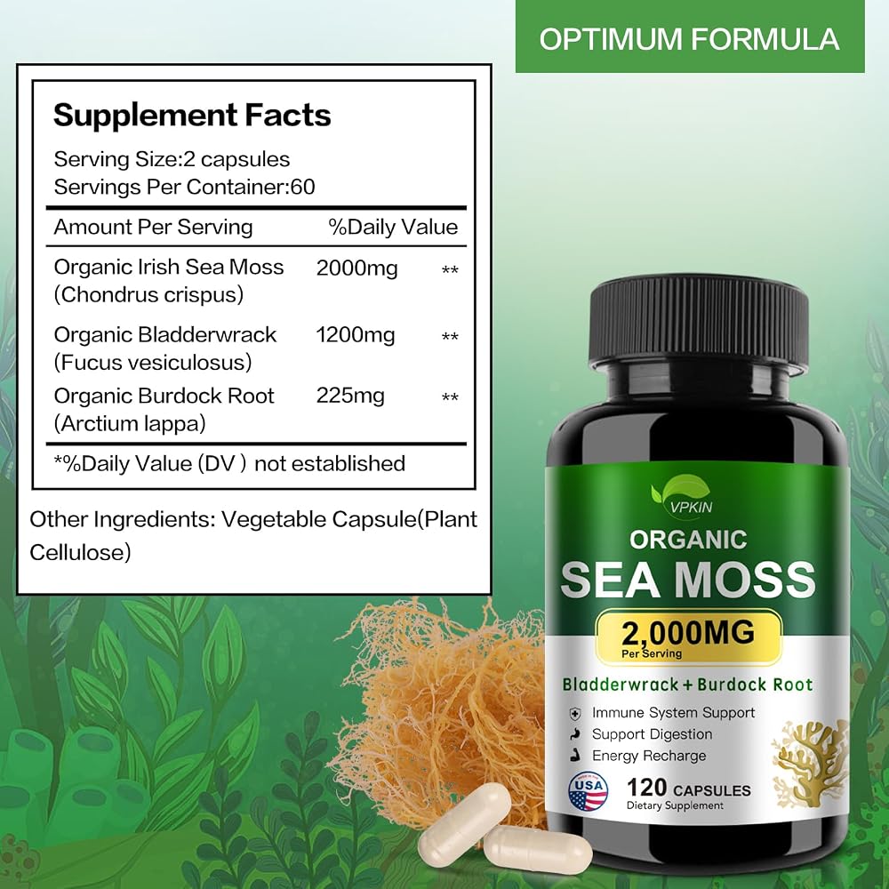 VPKIN Sea Moss Capsules with Bladderwrack & Burdock Root - 120 Capsules - image 3