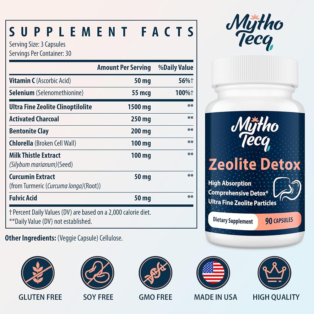 MythoTecq 2300 MG Zeolite Capsules - Activated Charcoal & Bentonite