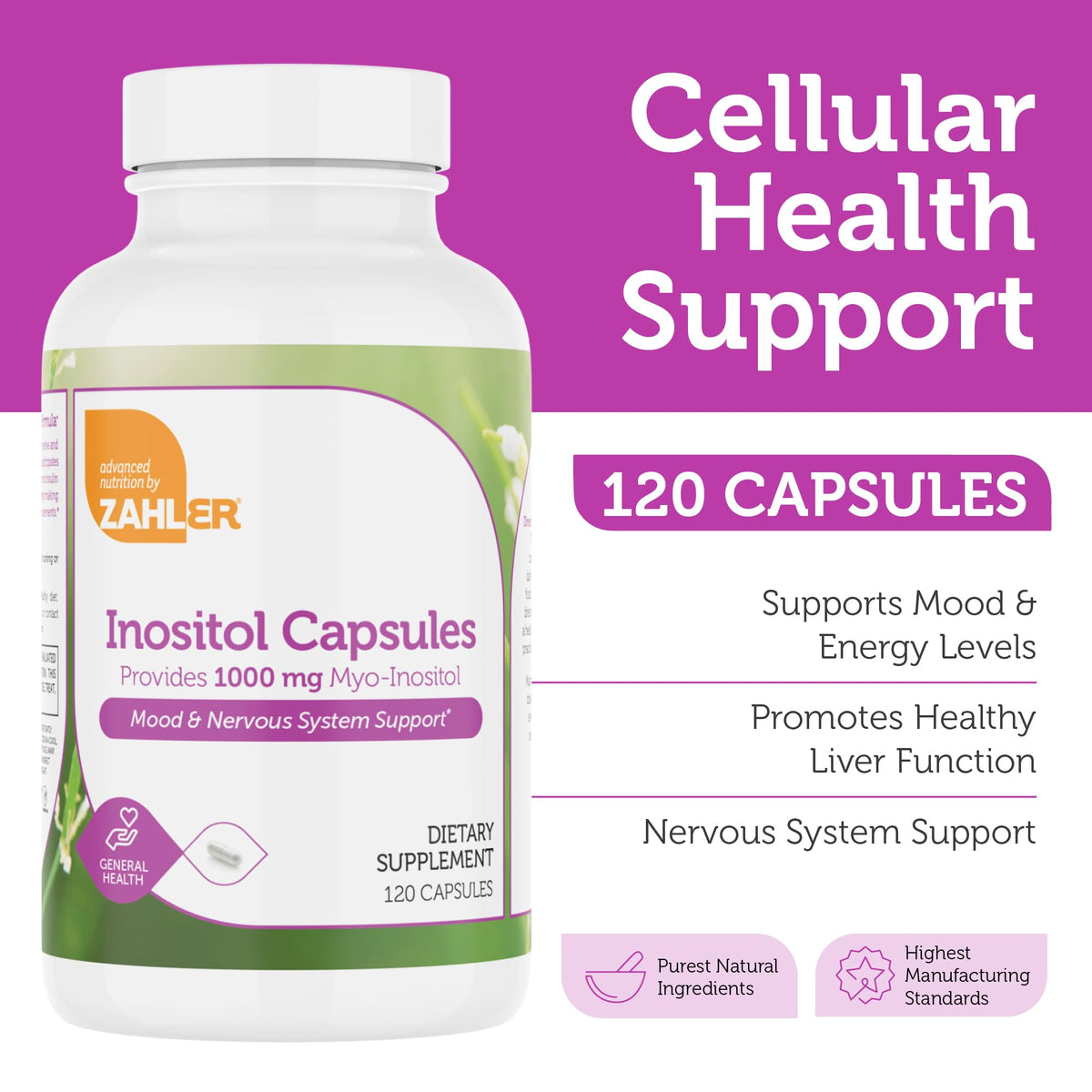 Zahler Inositol Supplement 1000mg Mood & Nervous System Support - 120 Capsules - image 3