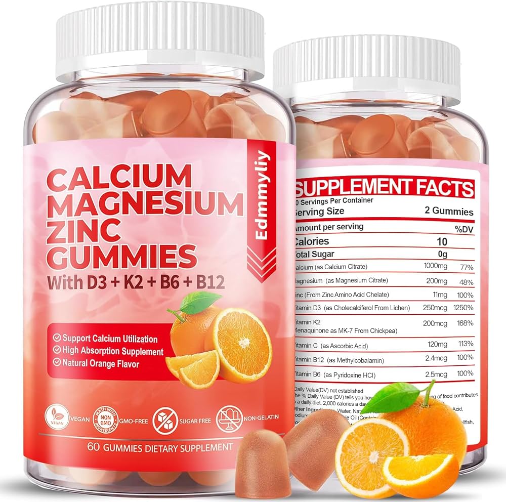 Edmmyliy Calcium Magnesium Zinc Gummies with Vitamin D3 & B12 - 120 Gummies