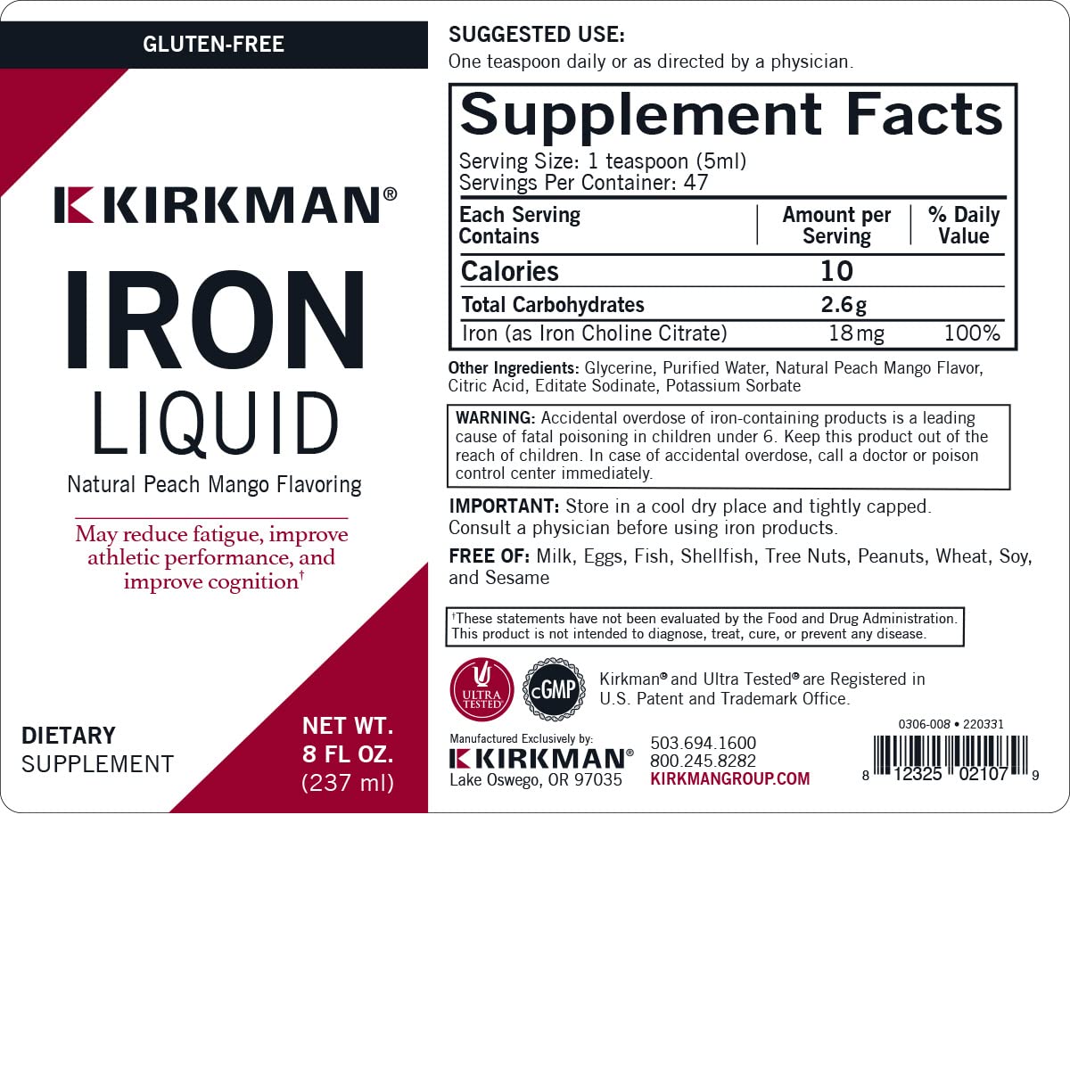 Kirkman Iron Liquid Ferrous Bisglycinate Chelate - 237 ml - image 3