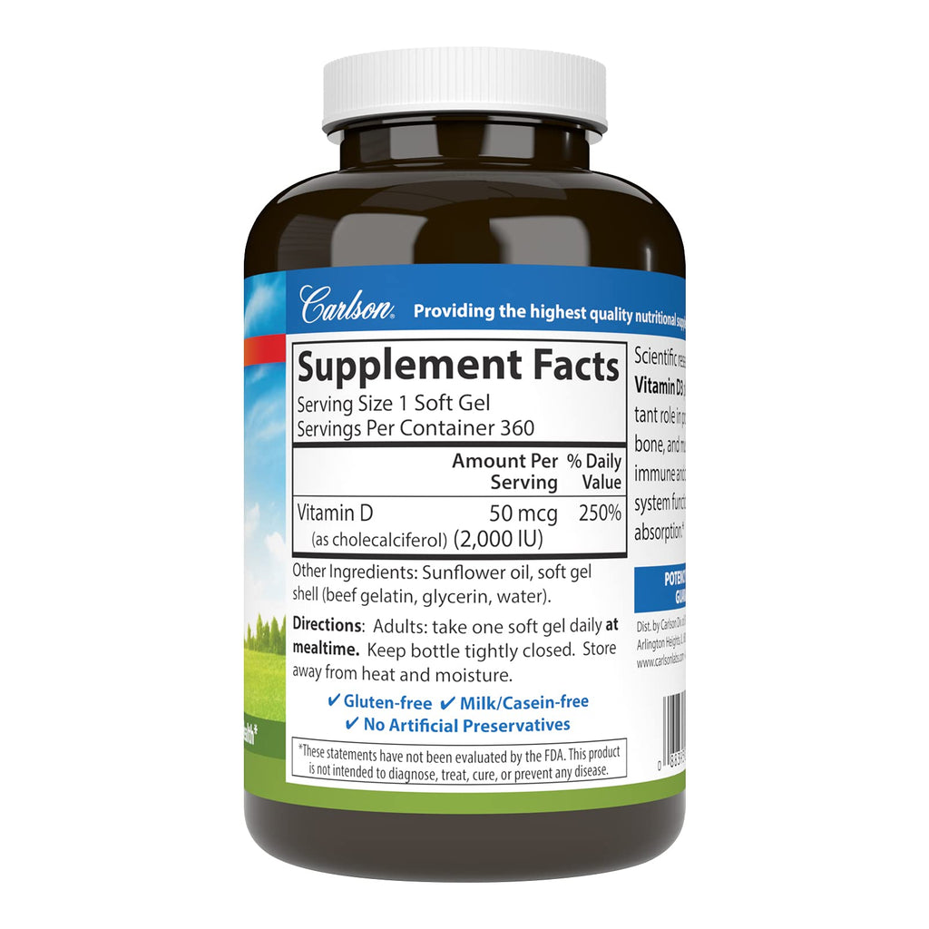 Carlson Vitamin D3 2000 IU Bone Health - 360 Softgels - image 2