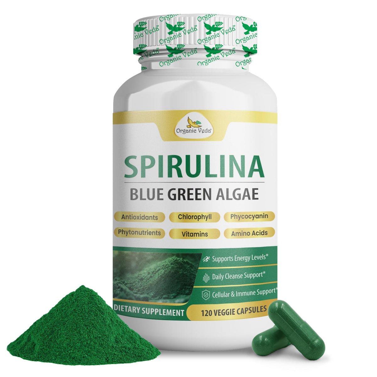 Organic Veda Spirulina Capsules Blue Green Algae - 120 Vegan Capsules