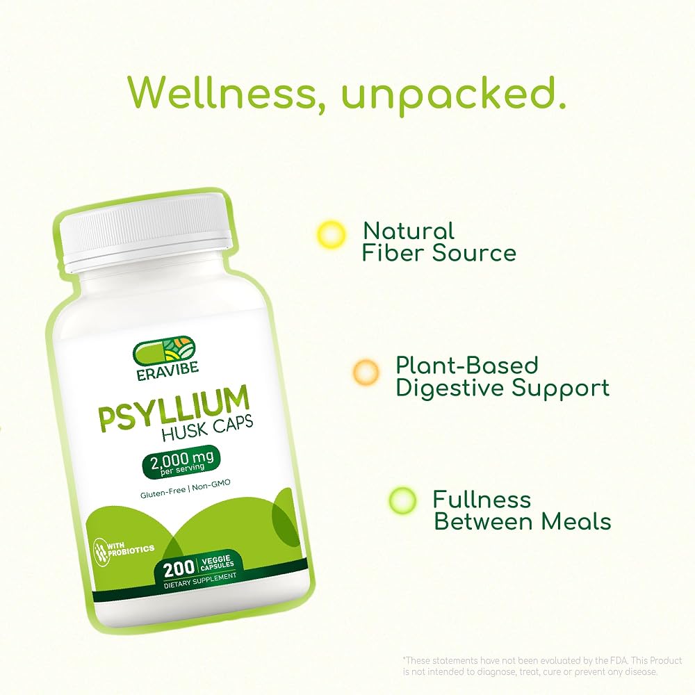 ERAVIBE Psyllium Husk Capsules with Probiotics Fiber Supplement - 200 Count - image 3