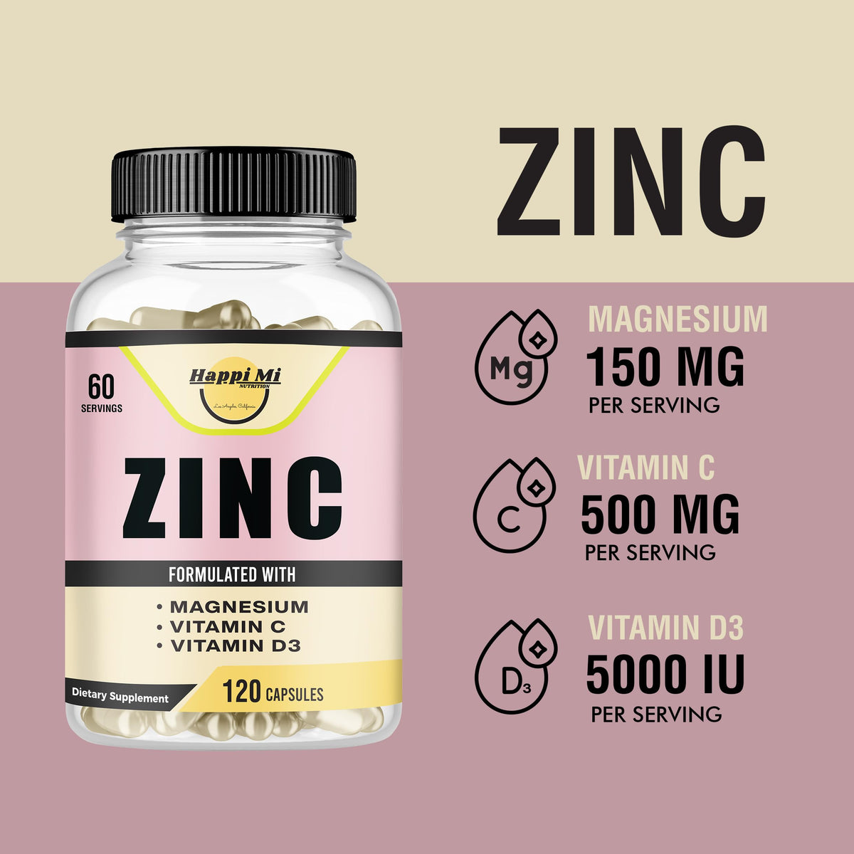 Happi Mi Nutrition Zinc 100mg with Vitamin D3 & Magnesium - 120 Capsules - image 5