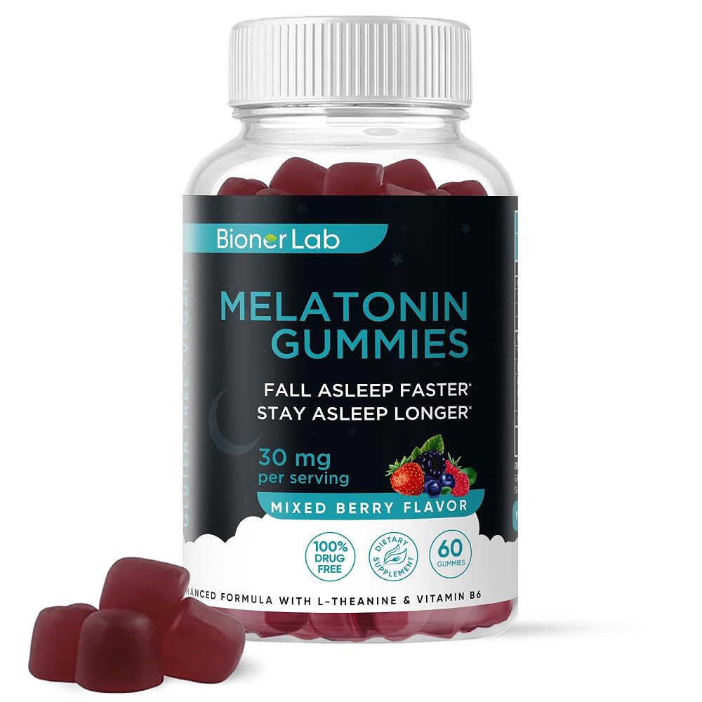 BionerLab Melatonin Gummies (30mg) Enhanced with L-theanine & Vitamin