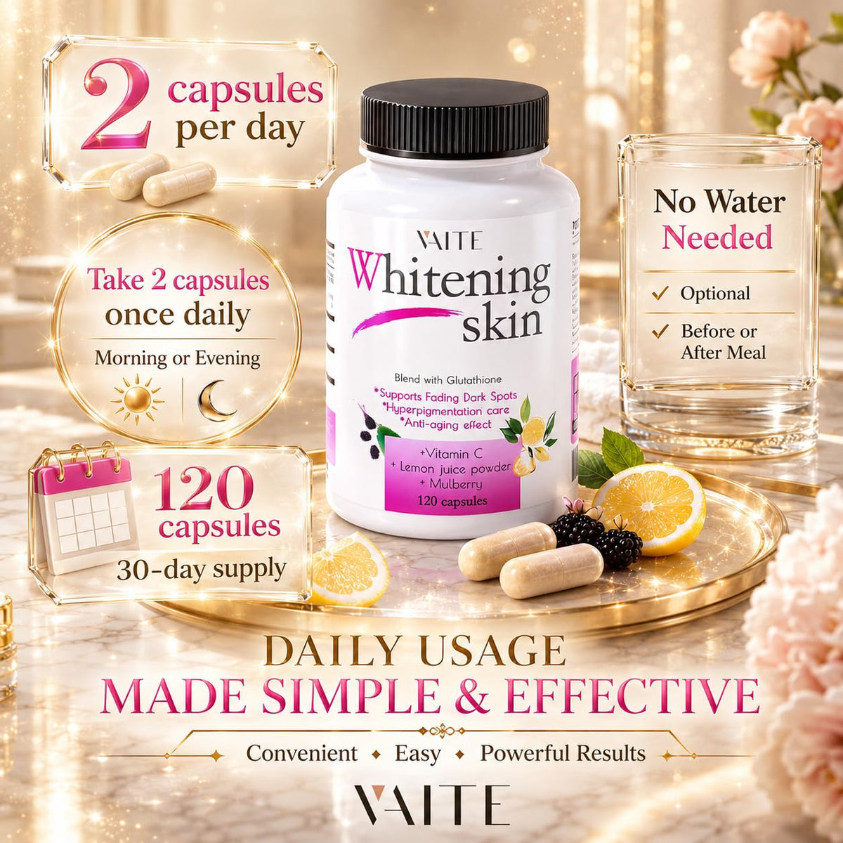 VAITE Glutathione Whitening Pills Skin Support - 120 Capsules - image 4
