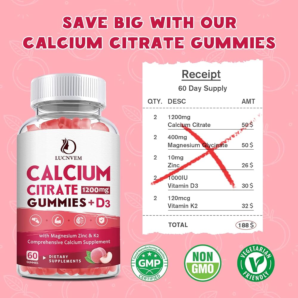 LUCNVEM Calcium Citrate 1200mg with Vitamin D3 Supplements Gummies