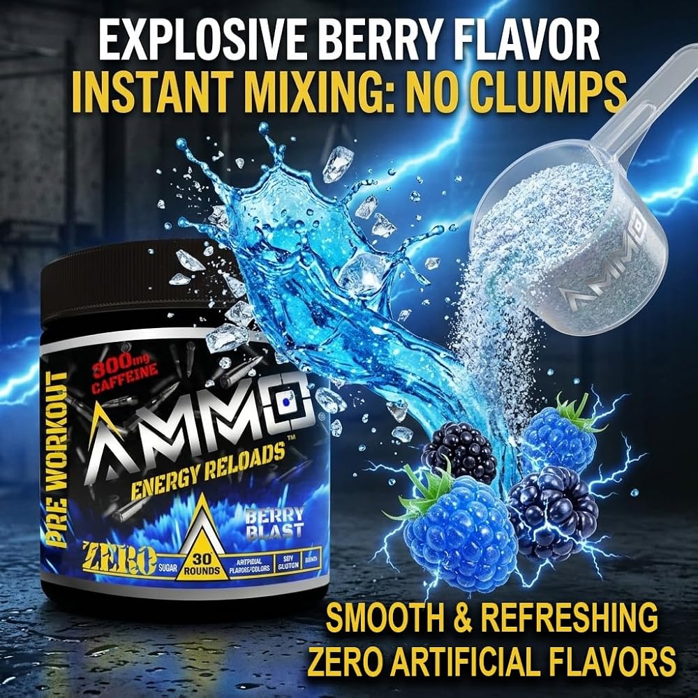 AMMO® Energy Reloads™ Pre Workout Powder - 300mg Caffeine Zero Sugar