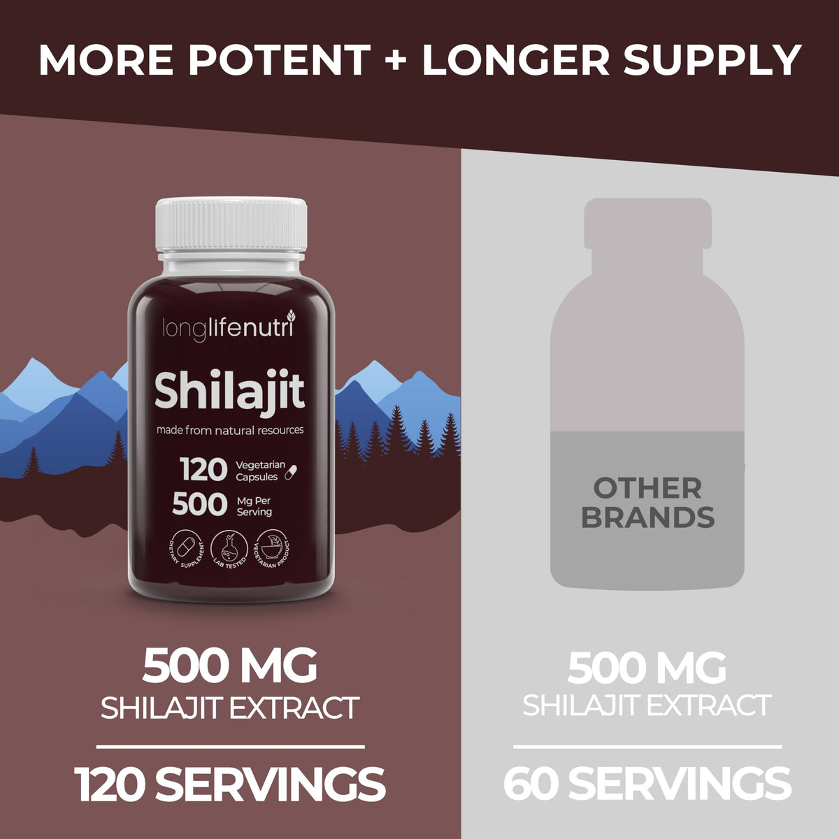 LongLifeNutri Shilajit Pure Himalayan Extract 500mg - 120 Vegetarian Capsules - image 3