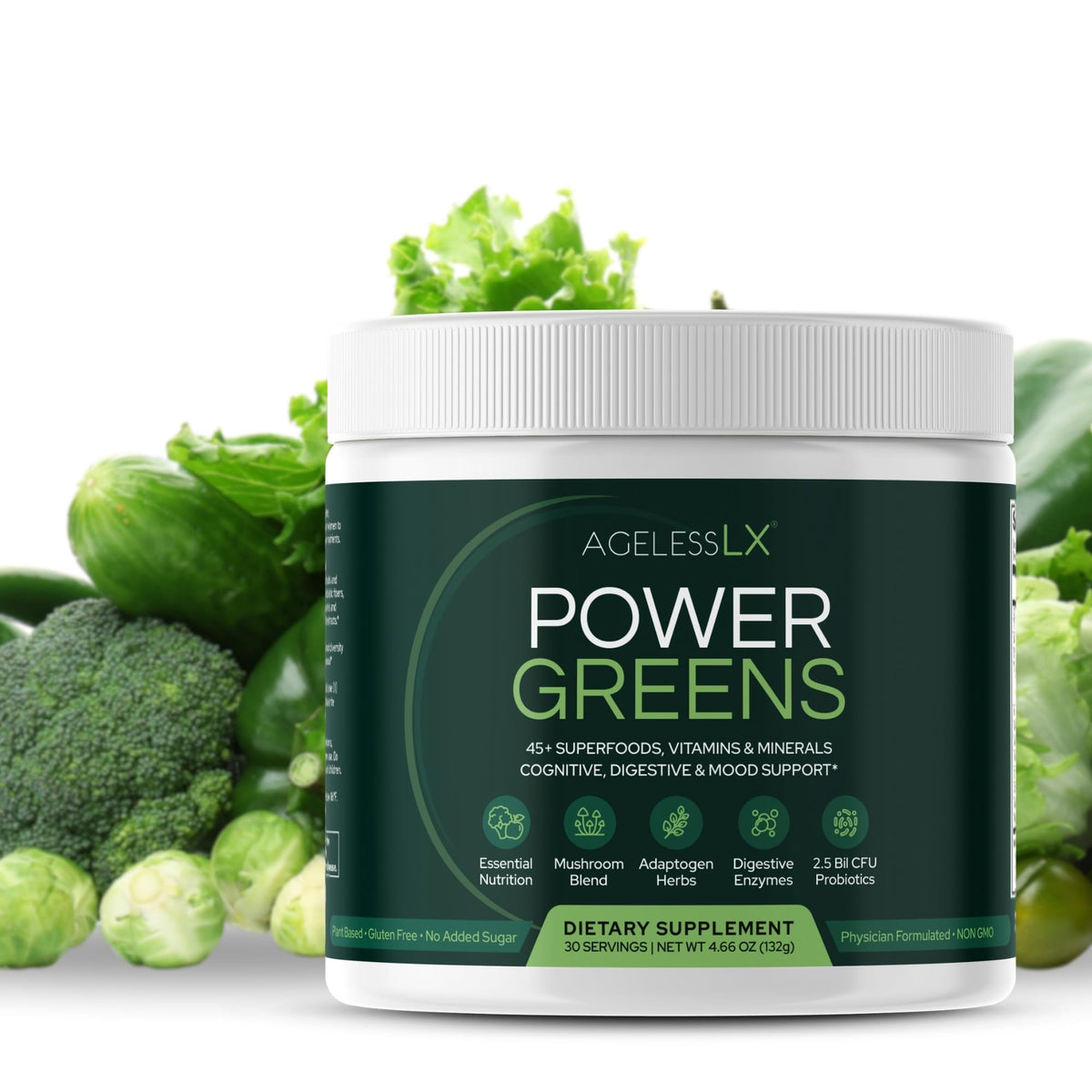 AgelessLX Power Greens Superfood Powder for Energy & Immunity - 30 Servings