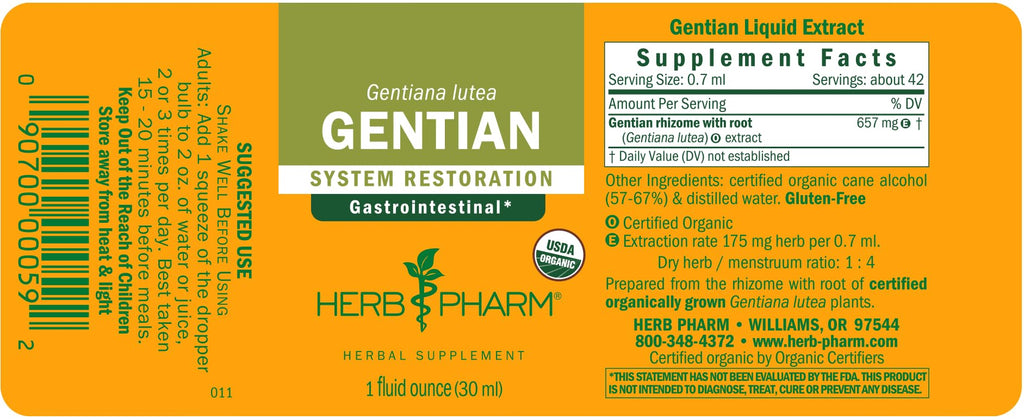Herb Pharm Certified Organic Gentian Extract for Digestive Support