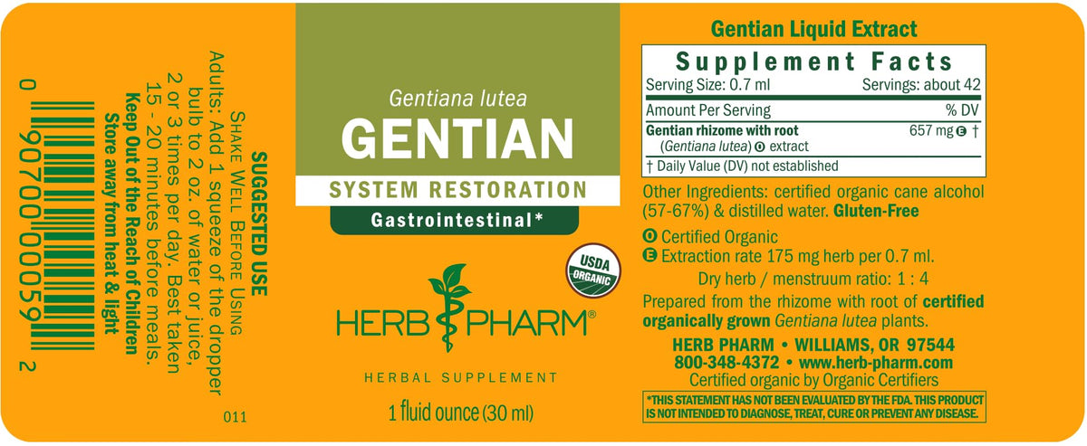 Herb Pharm Certified Organic Gentian Extract for Digestive Support