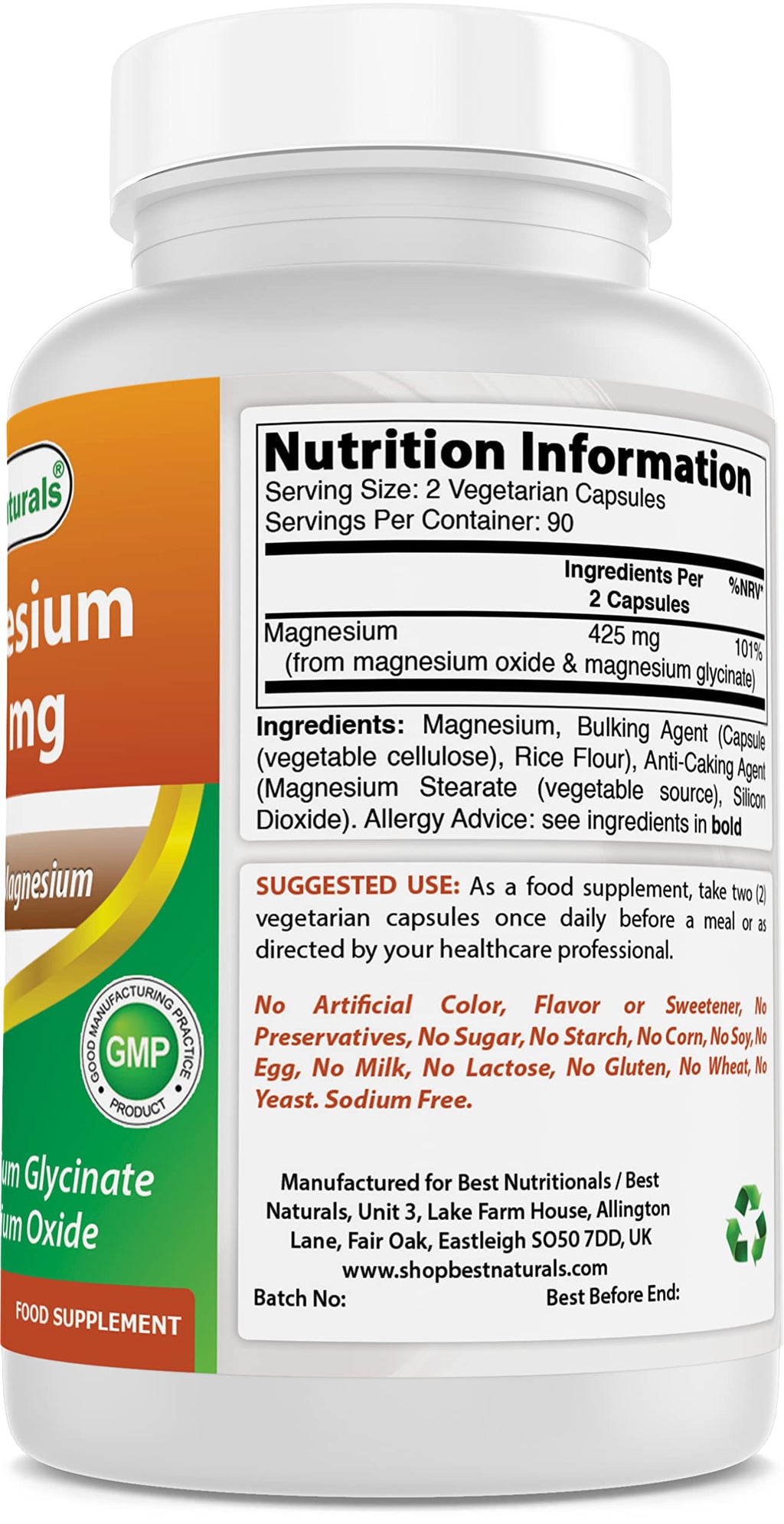 Best Naturals Magnesium 425 mg 180 Veggie Capsules - High Absorption