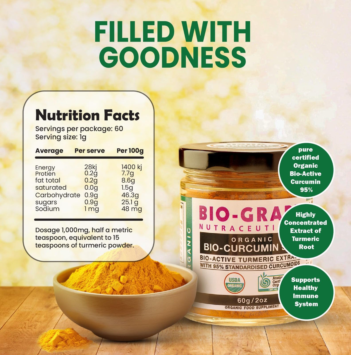 BIO-GRAPE Turmeric Curcumin Extract 95% Organic Powder - 60g - image 2