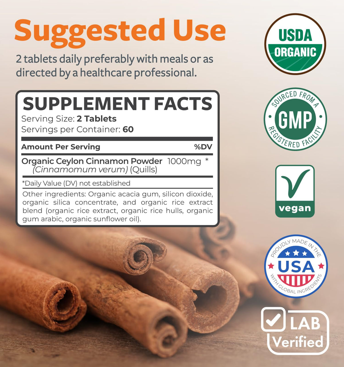 Healths Harmony USDA Organic Ceylon Cinnamon Pills - 120 Tablets - image 4