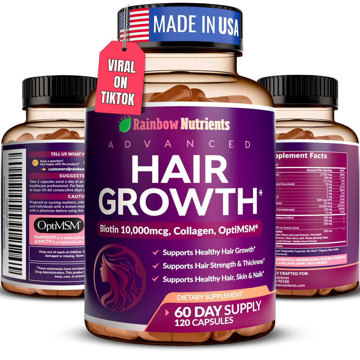 Rainbow Nutrients Hair Growth Vitamins for Women Biotin 10,000mcg - 120 Capsules