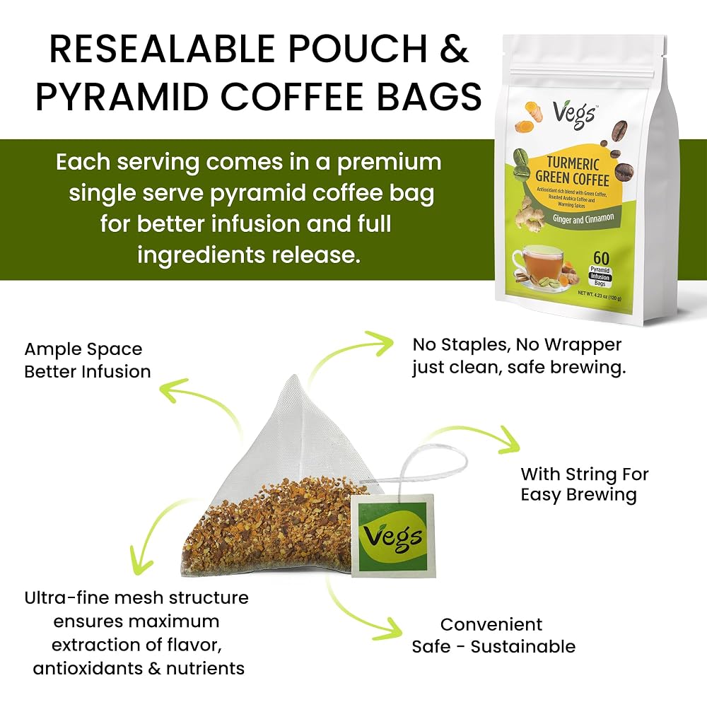 Vegs Turmeric Green Coffee Energy & Focus - 60 Pyramid Bags - image 3