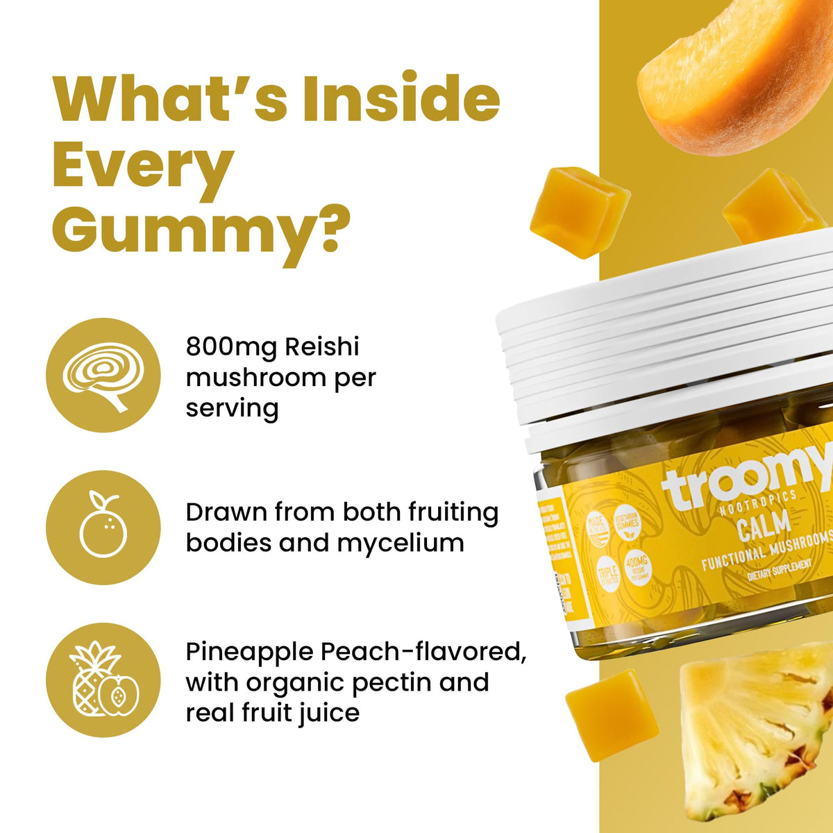 Troomy Reishi Calm Gummies Natural Pineapple Peach Flavor