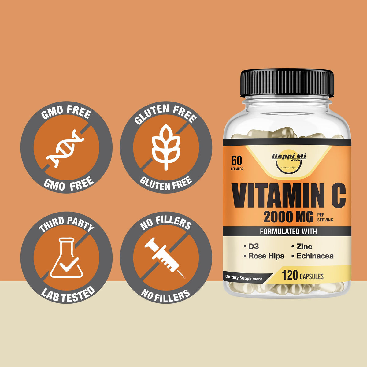 Happi Mi Nutrition Vitamin C 2000mg with Zinc & Vitamin D3 - 120 Capsules - image 7