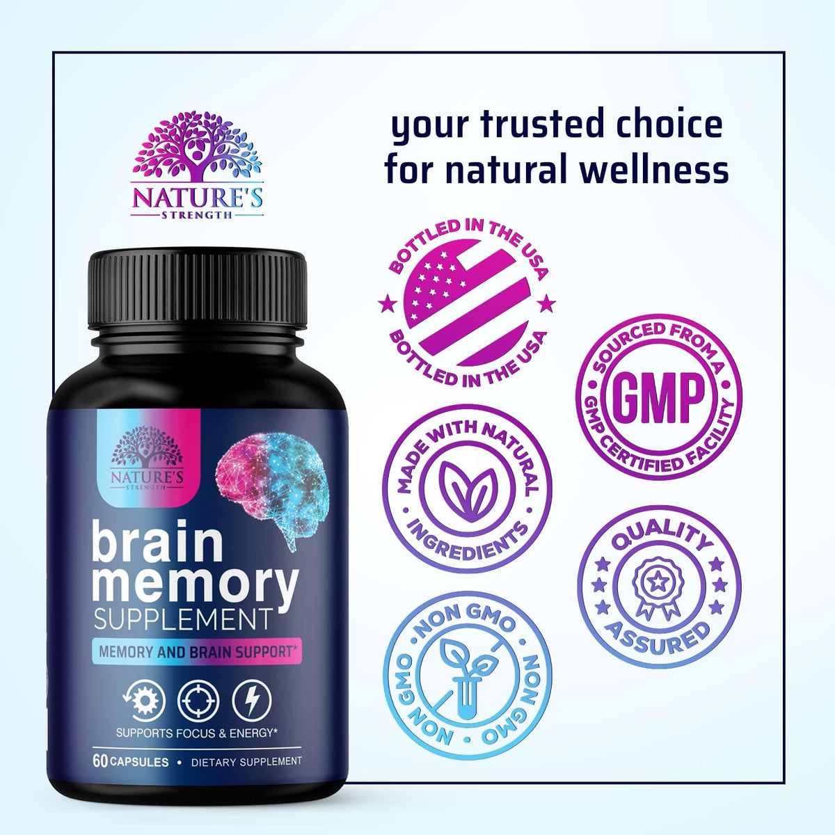 Nature's Strength Brain Memory Supplement Nootropics - 60 Capsules - image 4
