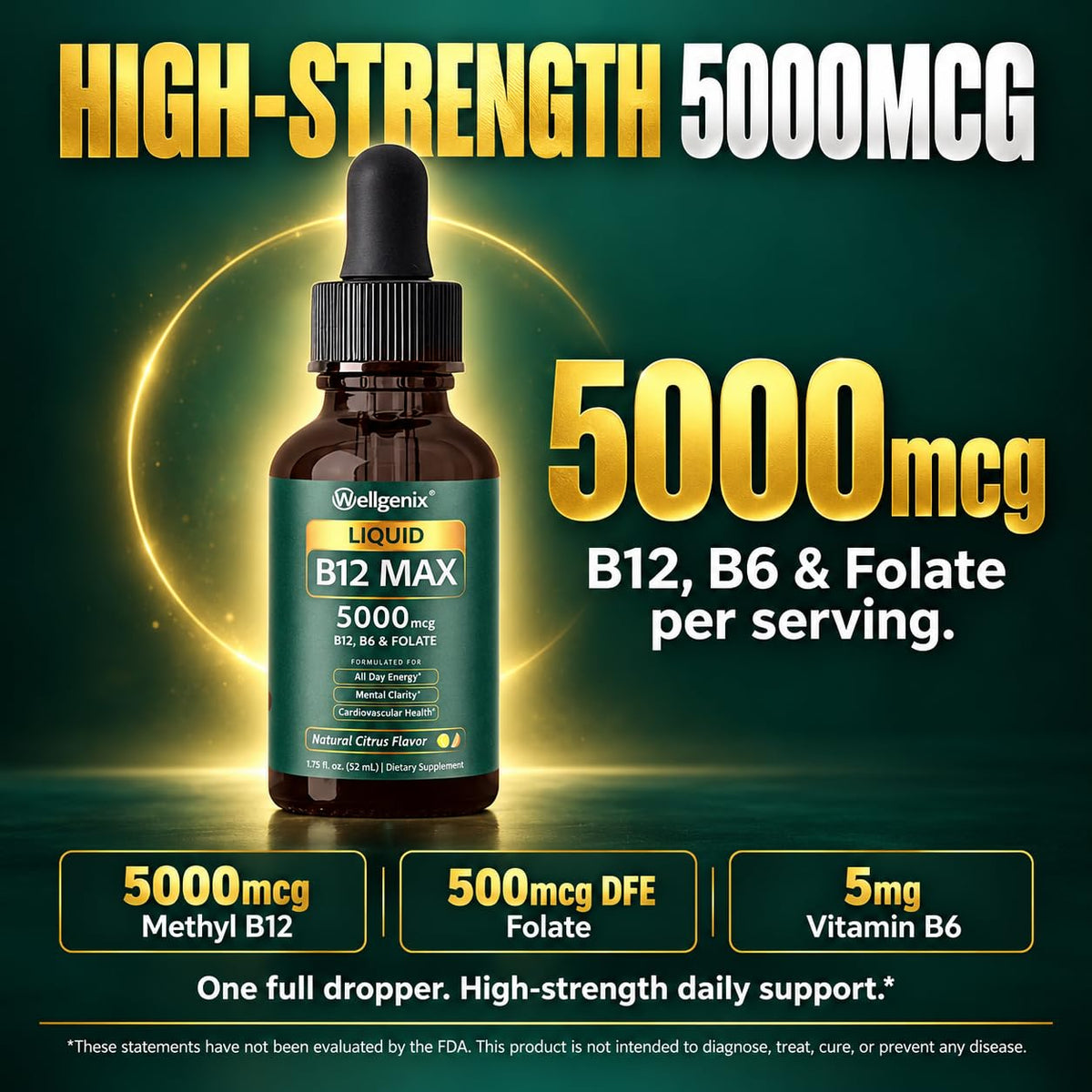 Wellgenix Liquid B12 MAX 5000mcg Methyl B12 with B6 & Folate - 2 Pack - image 2