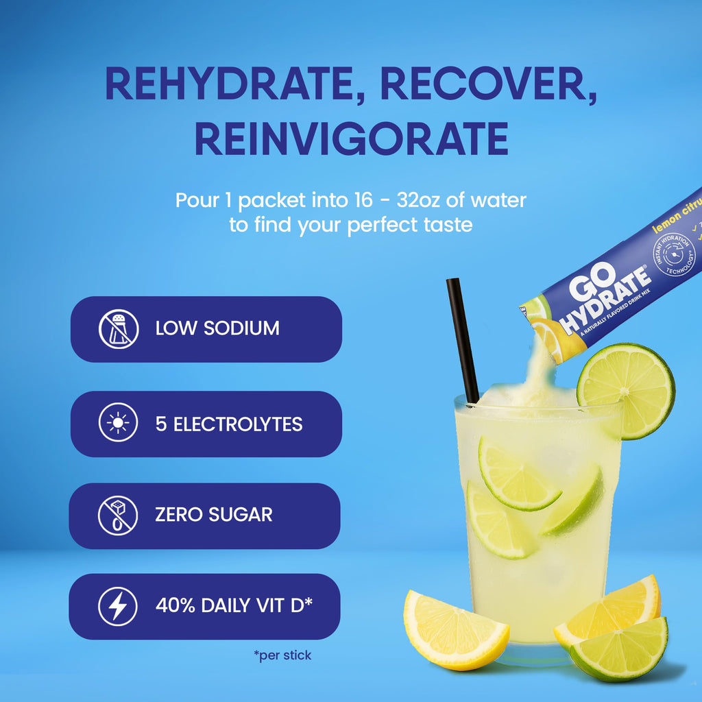 GoHydrate Instant Hydration Powder Packets - Low Sodium Electrolytes
