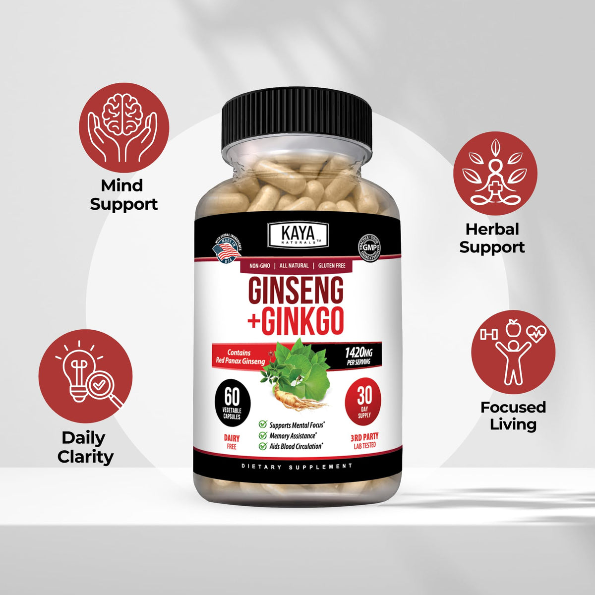 Kaya Naturals Red Panax Ginseng + Ginkgo Biloba