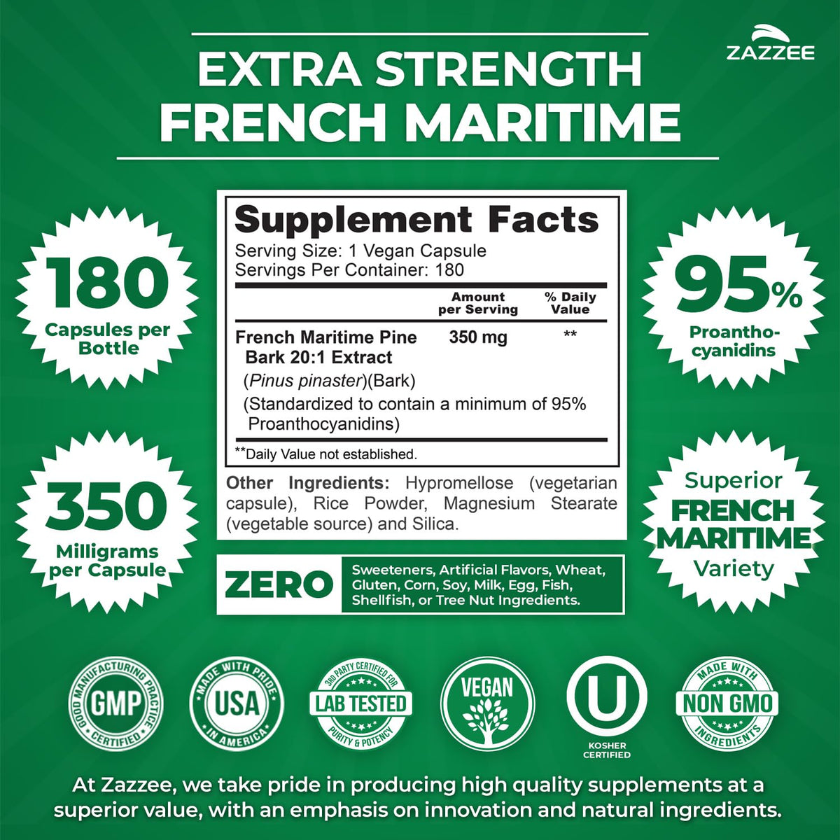 Zazzee Extra Strength French Maritime Pine Bark Extract - 180 Capsules - image 2