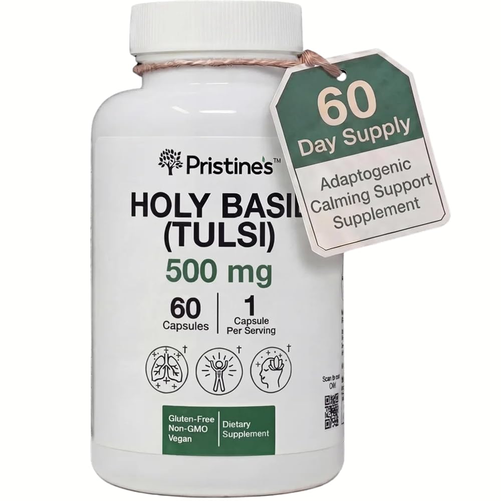 PRISTINE'S Holy Basil Tulsi 500mg Adaptogen Capsules - 60 Count